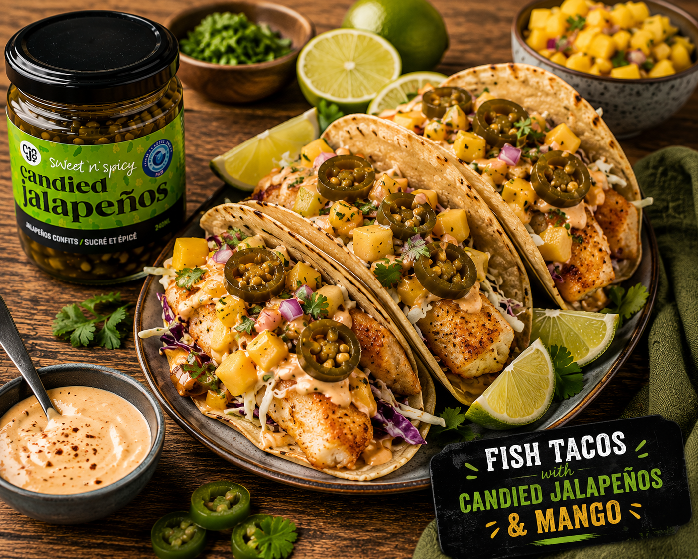 Candied Jalapeño & Mango Fish Tacos