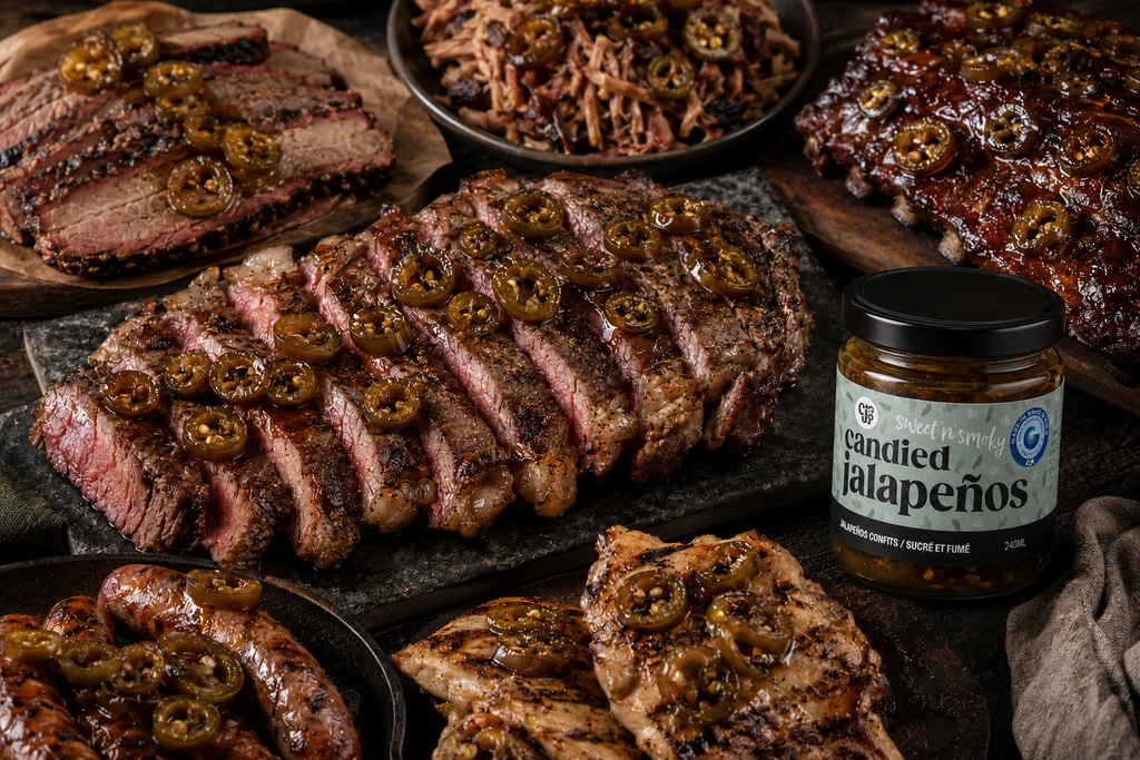 A jar of Sweet n' Smoky candied jalapeños is shown beside plated cooked meats, including sliced steak topped with jalapeño slices, ribs, sausage, and grilled chicken, on a dark rustic tabletop.