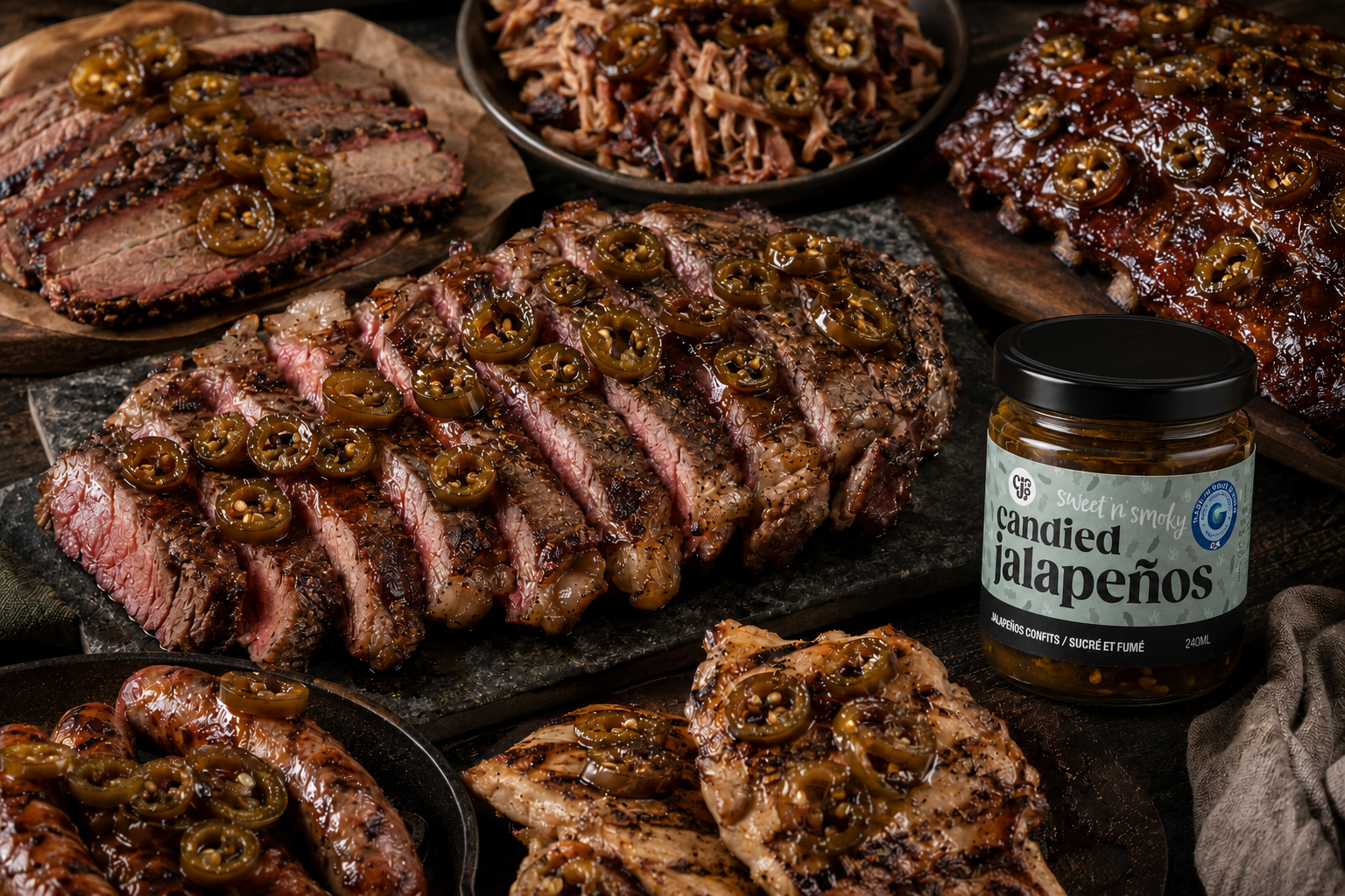 A jar of Sweet n' Smoky candied jalapeños is shown beside plated cooked meats, including sliced steak topped with jalapeño slices, ribs, sausage, and grilled chicken, on a dark rustic tabletop.